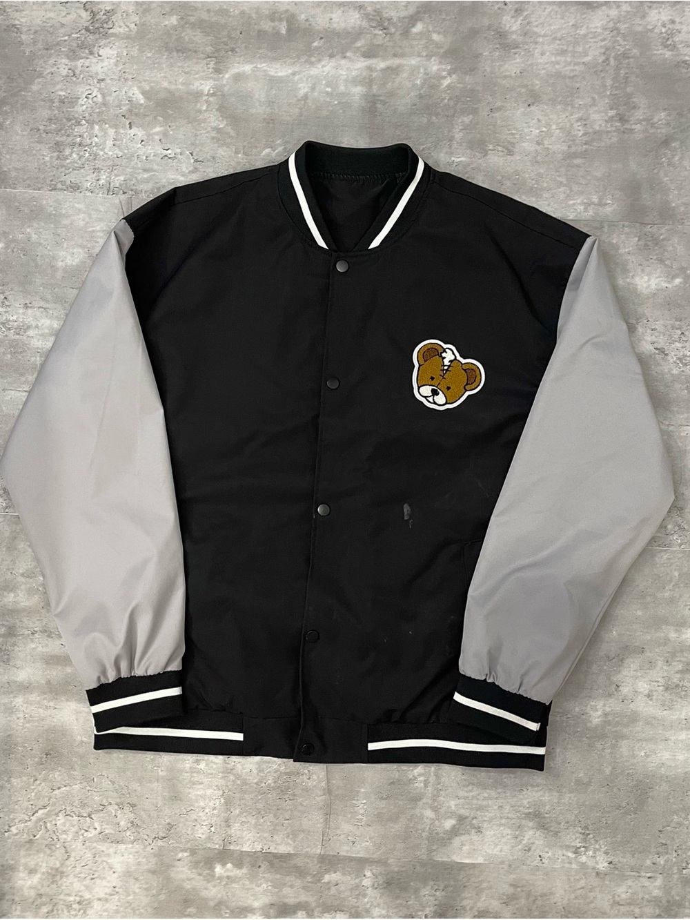 Teddy Bear Varsity Jacket Black Grey Snap Button Bomber Mens XL